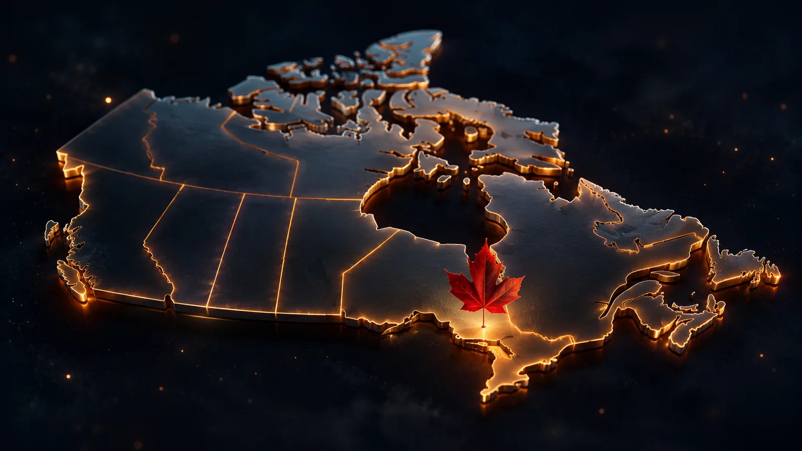 Glowing 3D relief map of Canada with orange-lit provincial borders and a red maple leaf hovering above Ontario — High 5 Casino provincial legality