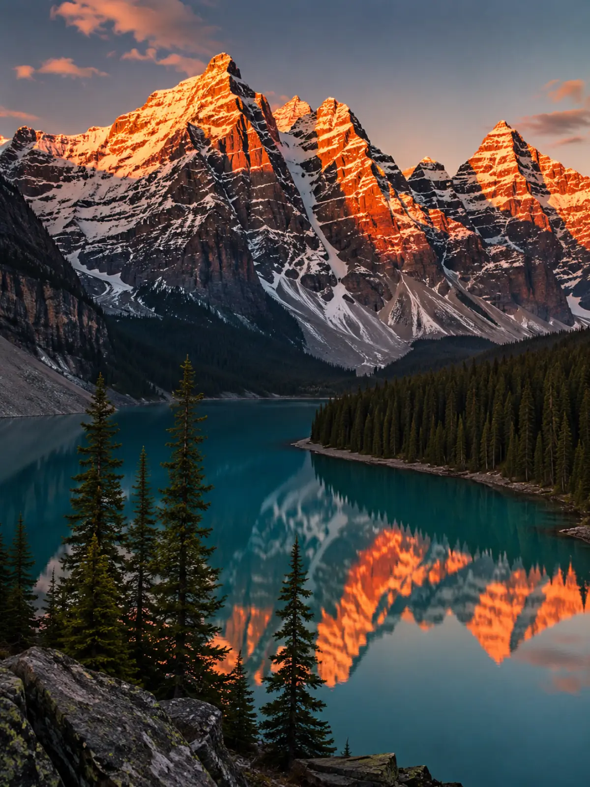 Canadian Rocky Mountains at golden hour with snow-capped peaks bathed in orange light and a turquoise alpine lake reflection - Alberta sweepstakes growth