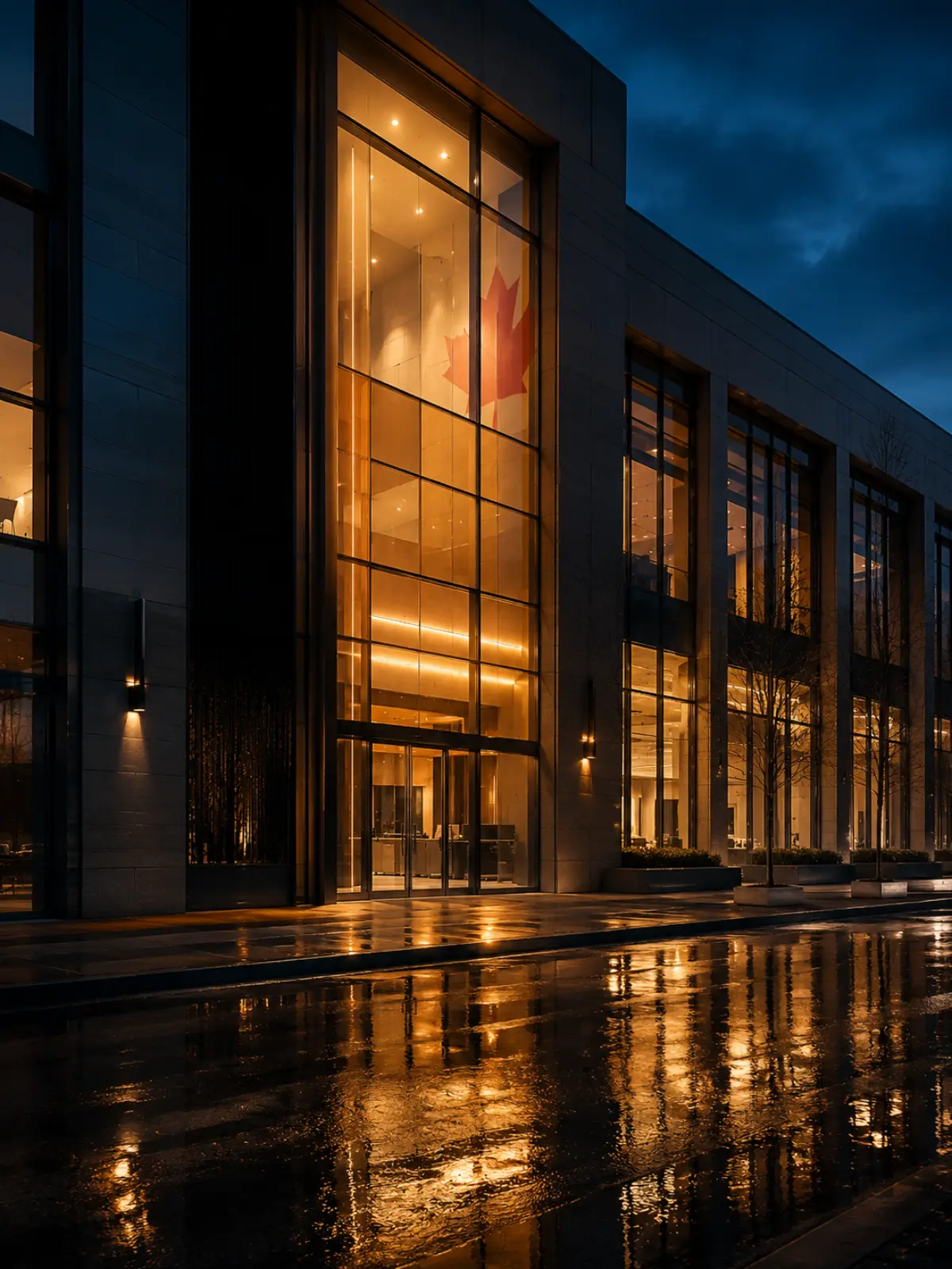 Minimalist modern Canadian bank facade at dusk with glowing warm windows against dark navy sky - direct bank transfer redemption