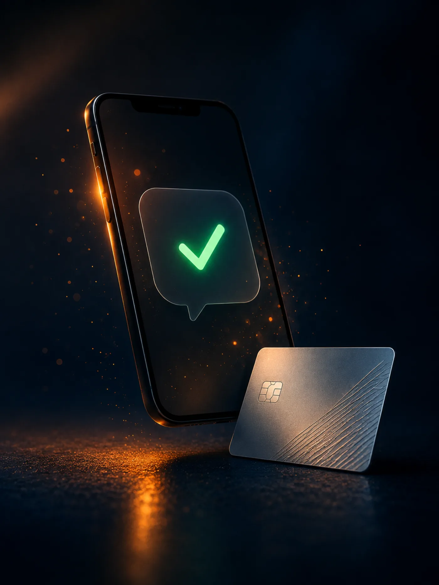 Smartphone showing a glowing green checkmark notification with silver bank card - Interac e-Transfer redemption