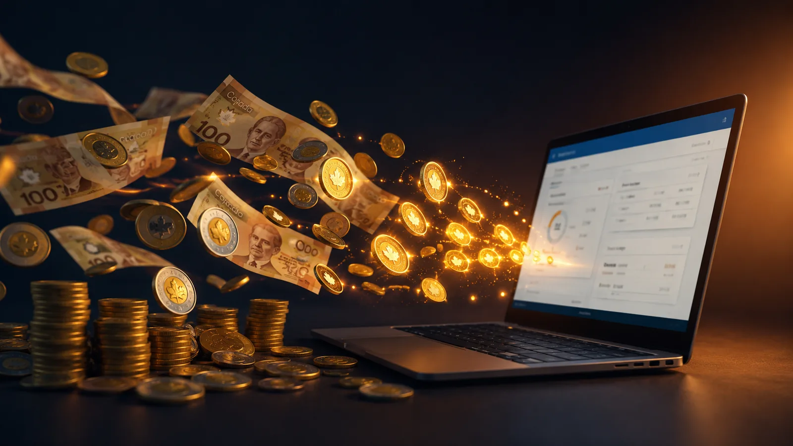Canadian $100 bills, loonies, toonies and glowing sweepstakes tokens flowing into a laptop showing an online banking dashboard — High 5 Casino redemption
