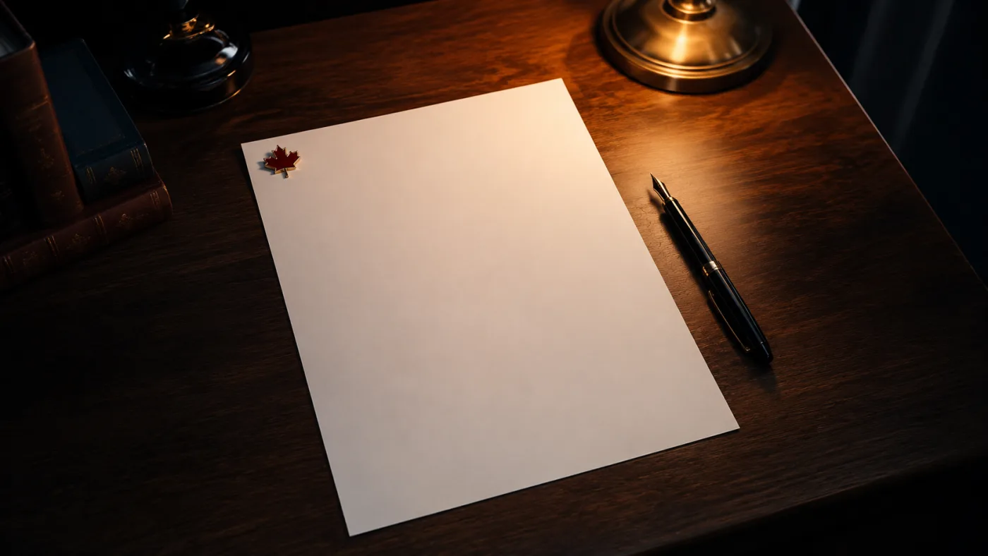 Real photo: blank legal document on dark walnut desk with matte black fountain pen and red maple leaf pin under warm lamp light